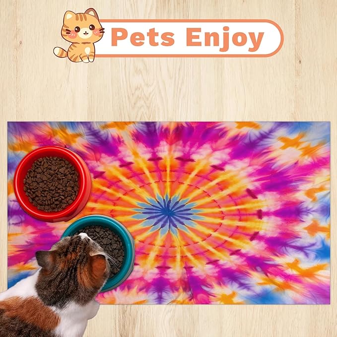 Tie Dye Dog Food Mat for Floors Absorbent, Quick Dry Water Dispenser Mat for Food, Water, Pet Supplies 16" x 24", Colorful Mandala