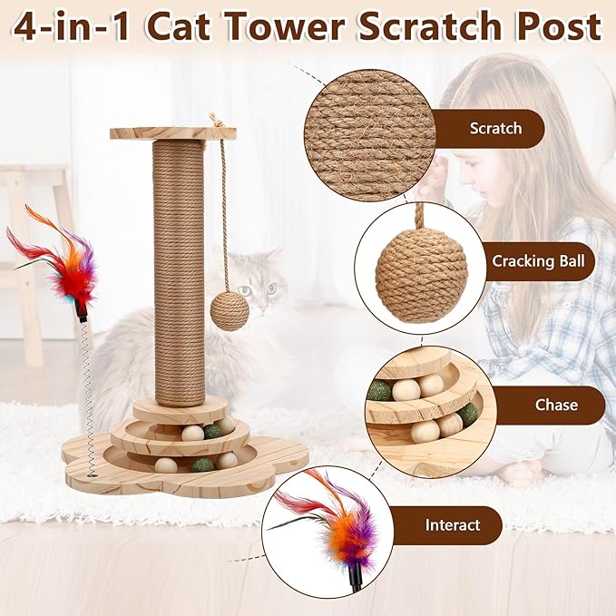 Cat Scratching Post, Cat Tower Scratch Post, Cat Tower with Scratching Post, Wooden Cats Tree with Solid Wood Waterproofing Base Cat Toy and Interactive Ball for Adult Cats & Kittens (Small)