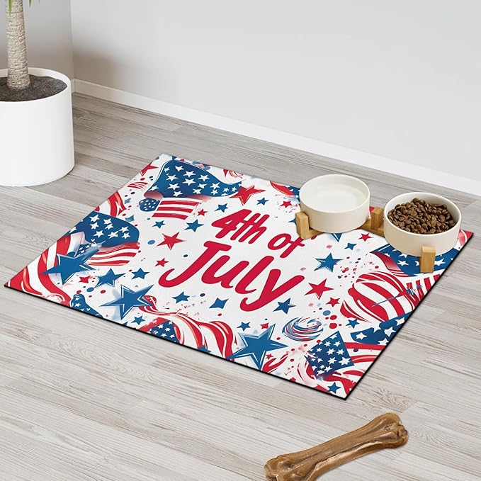 4th of July Dog Food Mat for Floors Absorbent Dog Bowl Mat for Food and Water Dispenser Quick Dry Cat Food Placemat Pet Supplies 24" x 32", American Flag Stars