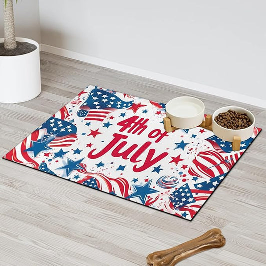 4th of July Dog Food Mat for Floors Absorbent Dog Bowl Mat for Food and Water Dispenser Quick Dry Cat Food Placemat Pet Supplies 16" x 24", American Flag Stars