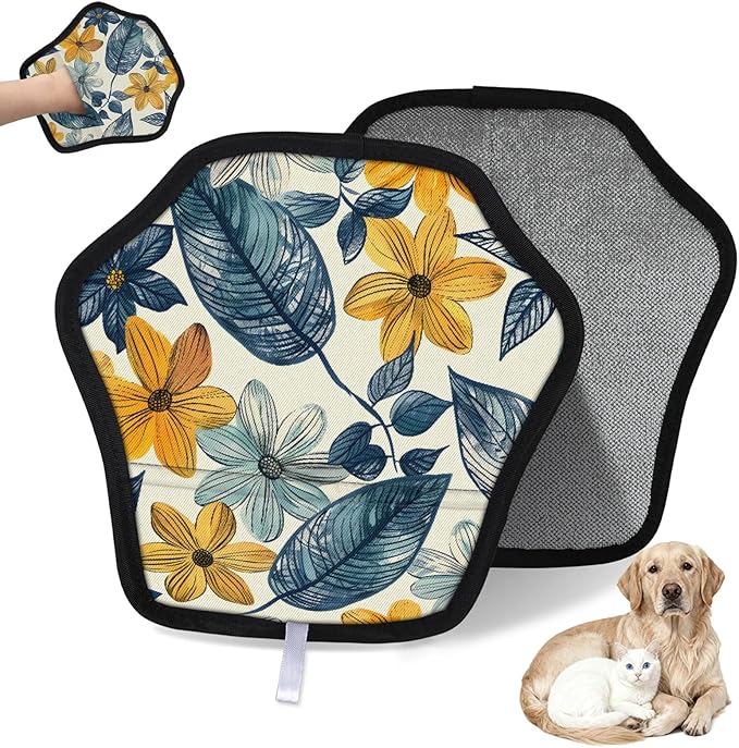 Reusable Pet Hair Removal Glove Cute Flowers Leaf Magic Brush for Cat & Dog Hair Remover for Car, Sofa, Bedding, Clothes - 9x9 Mitt Washable