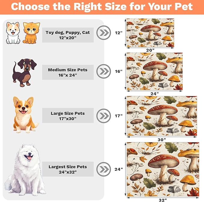Retro Mushroom Dog Food Mat for Floors Absorbent Dog Bowl Mat for Food and Water Dispenser Quick Dry Cat Food Placemat Pet Supplies 12" x 20", Fall Leaves