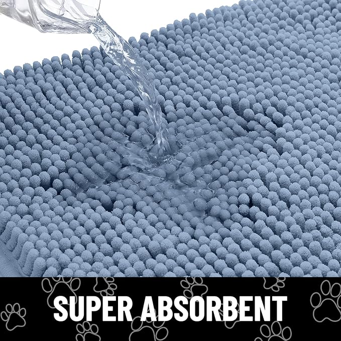 Smiry Dog Door Mat for Muddy Paws, Absorbent Dirt Trapper Non Slip Quick Dry Washable Chenille Mat for Mud Dogs, Entry Rug for Indoor and Outdoor (59x35 Inches, Airy Blue and White)