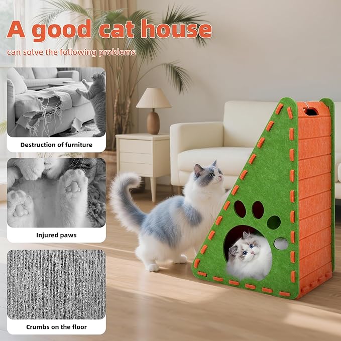 Cat Scratcher, Triangle Felt Cat Scratcher(Cat House), Vertical Integrated 3 in 1 Ramp Vertical Felt Cat Board(Green Orange)