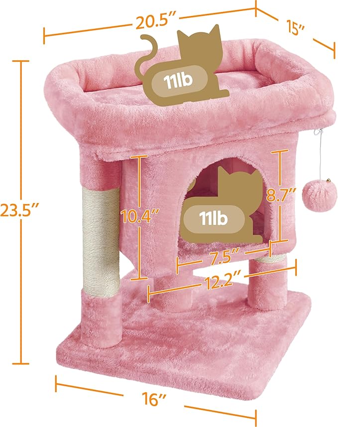 Yaheetech Cat Scratching Posts with Bed, 23.5 Inches Cat Kitten Scratcher Featuring with Sisal Scratch Posts, Interactive Dangling Ball for Indoor Large Cats, Pink