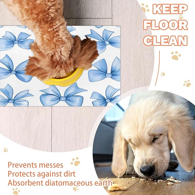 Blue Bowk Dog Food Mat for Floors Absorbent, Quick Dry Water Dispenser Mat for Food, Water, Pet Supplies 16" x 24", Cute Bowknot