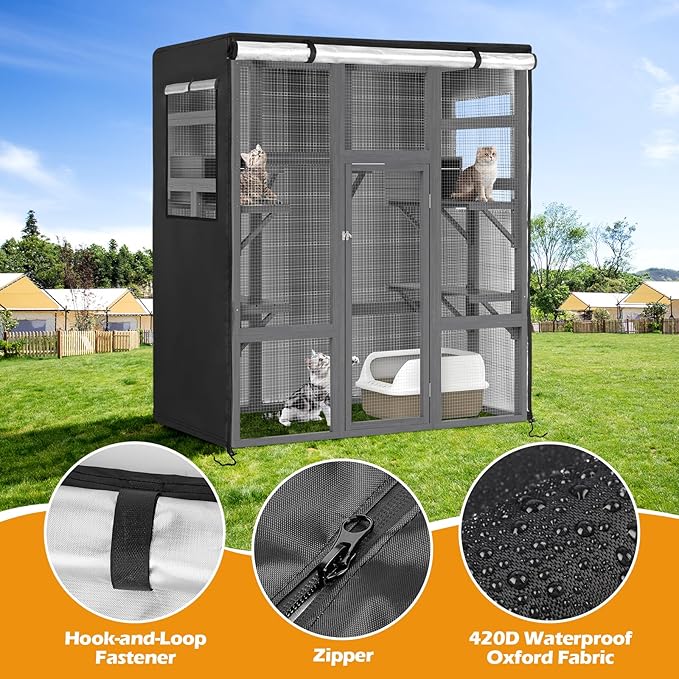 Catio Cover,64"L x 34"W x 71"H Cover for Catio Outdoor Cat Enclosure Waterproof, 420D Cat Cage Covers for Nyeekoy Large Wood Catios, Outdoor Cats Enclosure Covers(Black)(Catios Not Included)