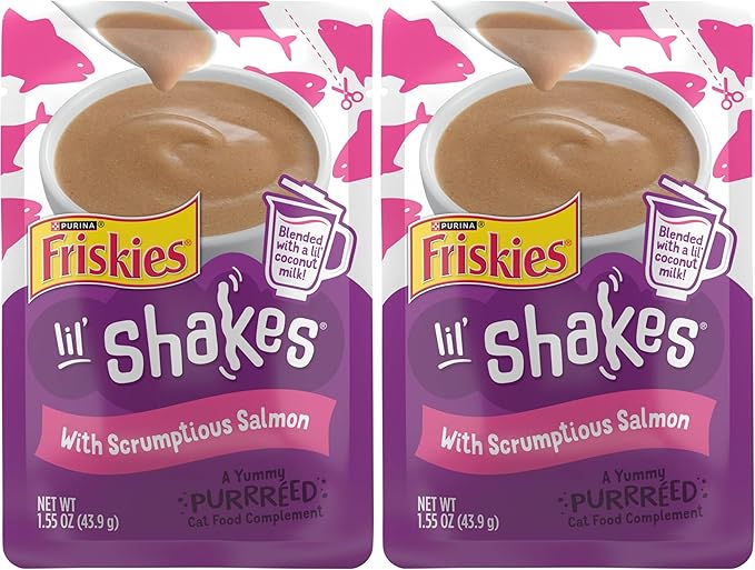 Friskies Purina Pureed Cat Food Topper,Lil’ Shakes with Scrumptious Salmon Lickable Cat Treats - 1.55 oz. Pouches,(Pack of 32)