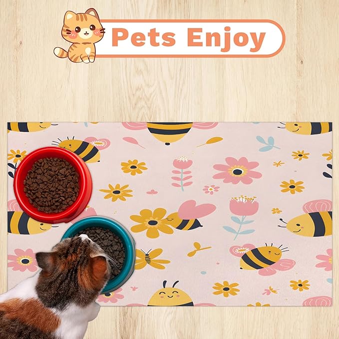 Boho Bee Dog Food Mat for Floors Absorbent, Quick Dry Water Dispenser Mat for Food, Water, Pet Supplies 16" x 24", Spring Flower