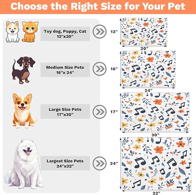 Music Note Dog Food Mat for Floors Absorbent Dog Bowl Mat for Food and Water Dispenser Quick Dry Cat Food Placemat Pet Supplies 17" x 30", Boho Flower