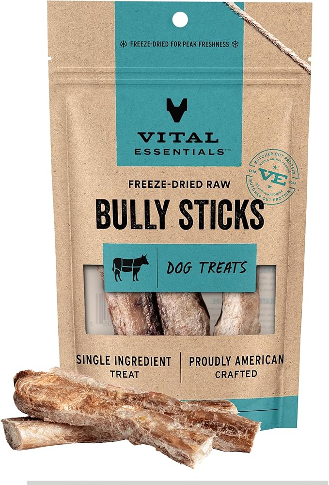 Vital Essentials Freeze Dried Bully Sticks Dog Treats | Premium Quality, Long Lasting | Grain Free Treats for Dogs, (3 Count) 1.4 oz Bag