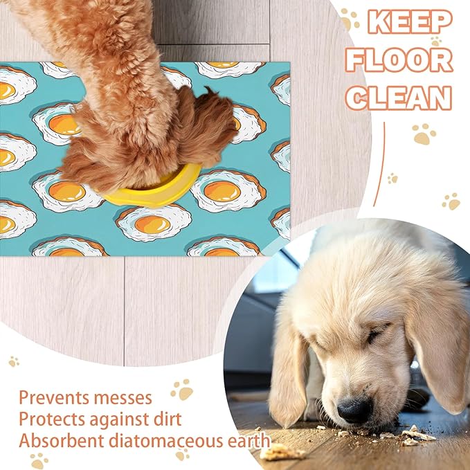 Cute Egg Dog Food Mat for Floors Absorbent Dog Bowl Mat for Food and Water Dispenser Quick Dry Cat Food Placemat Pet Supplies 17" x 30", Cartoon Fried Egg