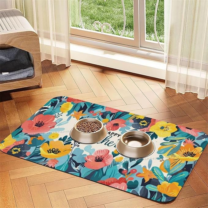 Pet Feeding Mat Absorbent Dog Mat for Food and Water Bowl Dog Accessories Happy Mother's Day Floral Gift for Mom Cg Pet Supplies Dogs Quick Dry Cat Water Dispenser Mats 24x16In