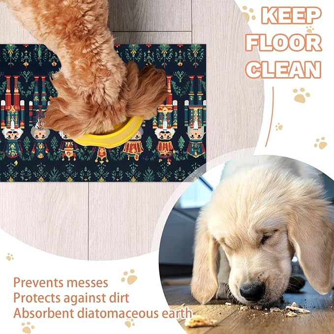 Christmas Nutcrackers Dog Food Mat for Floors Absorbent, Quick Dry Water Dispenser Mat for Food, Water, Pet Supplies 16" x 24", Green Holly