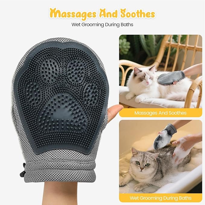 Pet Grooming Glove - Hair Removal Mitt with Soft Silicone Tips Detangling Pet Mitt for Dogs Cats and Puppies Easy Hair Removal with Comfortable Fit Furniture and Carpet Care for Home Car
