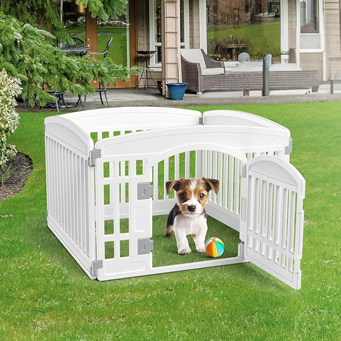 NEWBULIG Dog Playpen 4-Panel, 24IN Puppy Playpen, Stable Dog Play Pen Indoors/Outdoor with Secure Locking Door, Plastic Pet Fence for Small & Medium Dogs
