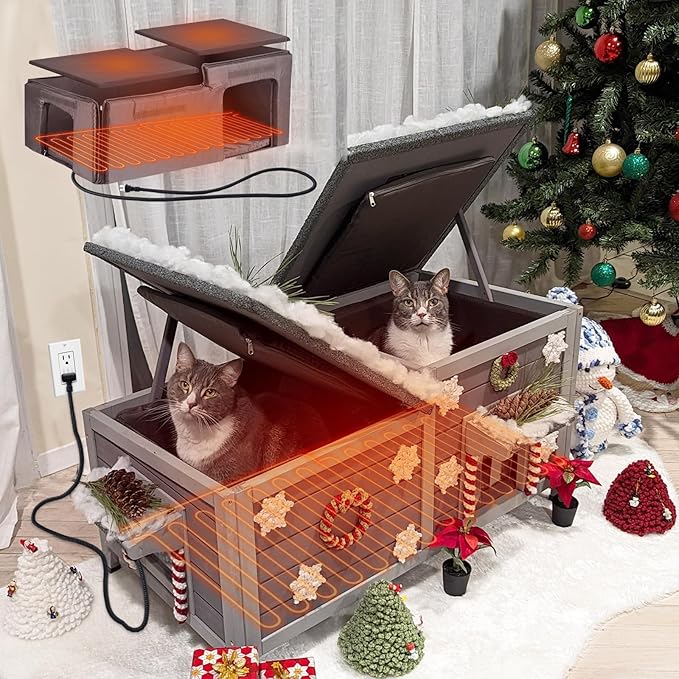 Gutinneen Heated Cat House Outdoor Feral Kitty Shelter with Insulated & Heated Liner Weatherproof Roof Cat Home for Winter,Roomly