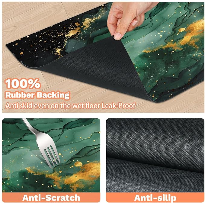 Green Marble Dog Food Mat for Floors Absorbent, Quick Dry Water Dispenser Mat for Food, Water, Pet Supplies 16" x 24", Modern Abstract