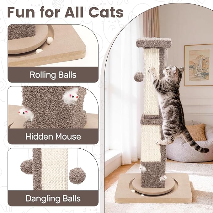 33.7" Tall Large Cat Scratching Post, Indoor Kitten Vertical Sisal Rope Scratcher with Modern Square Thick Pole and Toy Mouse, Space Saving Heavy Duty Stable Base with Interactive Ball Track