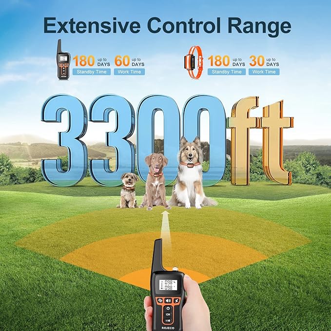 ROJECO Dog Training Collar with 3300FT Remote,IPX7 Waterproof Rechargeable Shock Collar for Large Medium Small Dogs,3 Safe Training Modes with Beep,Vibration and Shock,Adjustable Electronic Dog Collar