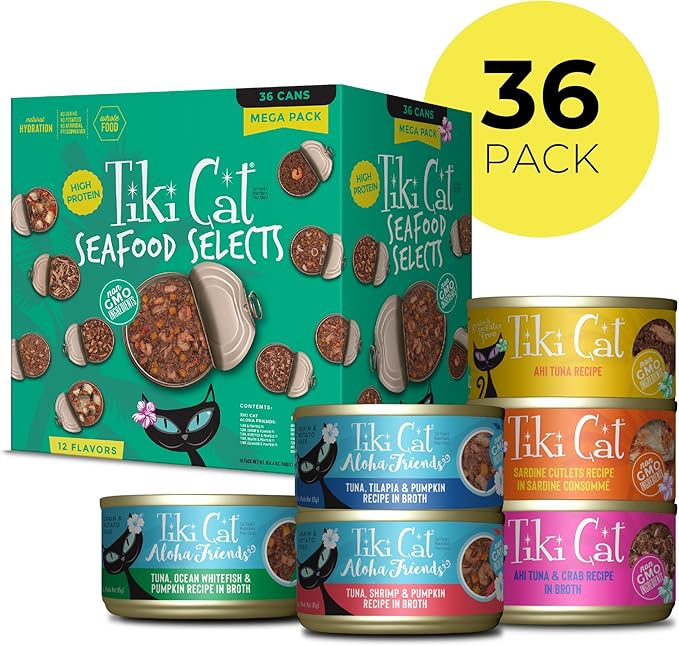Tiki Cat Seafood Selects, Ultimate Variety Pack, 36 High Protein Servings with Real Flaked Fish, Wet Cat Food Mega Pack, 2.8 and 3 oz. Cans (Pack of 72)