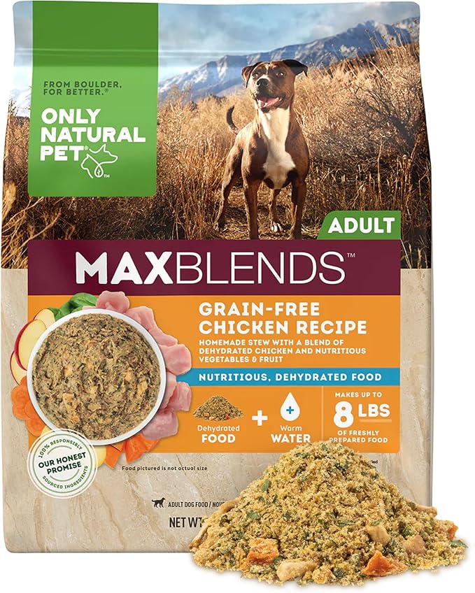 Only Natural Pet MaxBlends Grain Free Chicken Recipe Dehydrated Dog Food Formula - High Protein Homemade Stew, Nutrient-Dense Meal for Canine Health - Chicken RecipeFlavor - 2 lb Bag (Makes 8 lbs)
