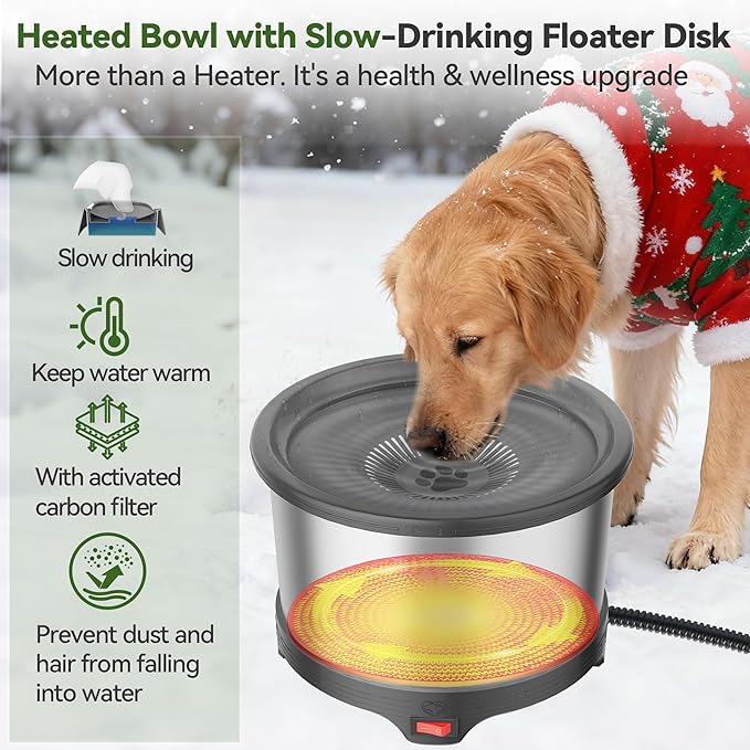 6.5L Heated Water Bowl, Stainless Steel Outdoor Heated Dog Bowl with Anti-Chew Cord, Large Capacity Heated Pet Slow Drinking Dish Provide Warm Water in Winter for Dogs
