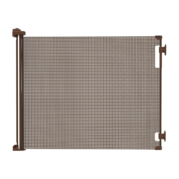 Retractable Baby Gate Perma Child Safety 33" Tall x 71” Wide, Mesh, for Stairs, Doorways, Dogs, Pets, Indoor, Outdoor, One-Handed Operation, Locking, Easy Install, Hardware Mount, Brown