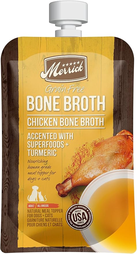 Merrick Grain Free Bone Broth Natural Meal Topper for Dogs, Accented with Superfoods & Cinnamon, for Adult Dogs of All Breeds Chicken, 7 Ounce,(Pack of 6)