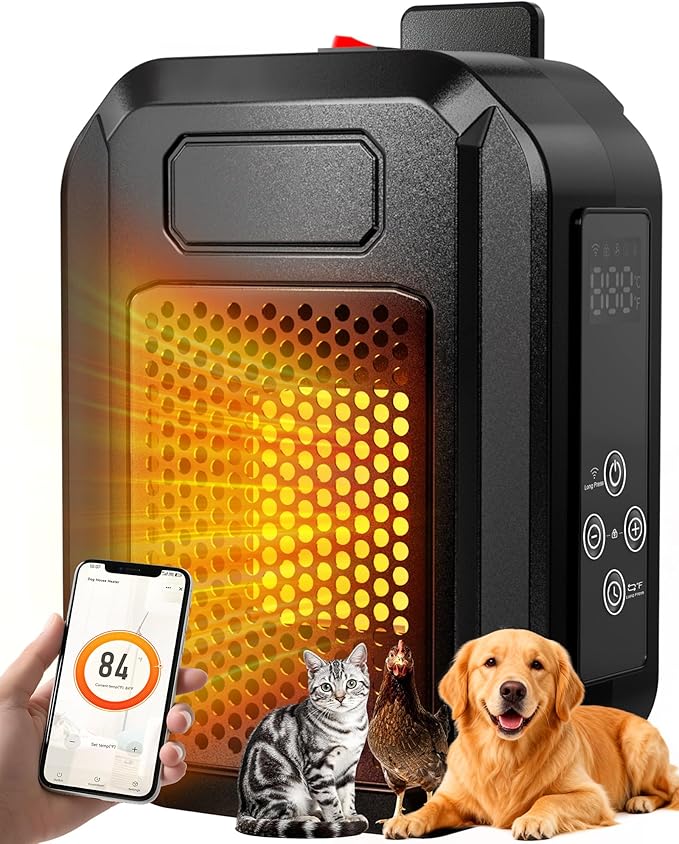 PETNF Dog House Heater with Thermostat & WiFi App Control, 68–104°F Adjustable Temp, 24H Timer, 500W Fast Heating, Safe Anti-Chew Cord, Outdoor Pet Heater for Dogs, Cats & Chicken Coops