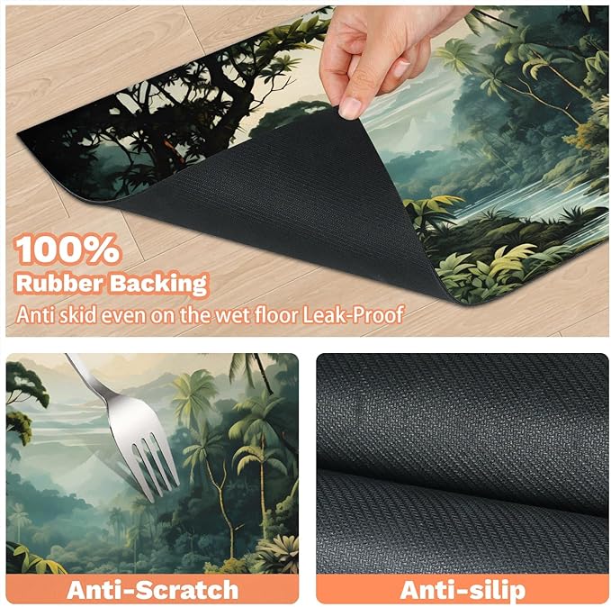 Tropical Rainforest Dog Food Mat for Floors Absorbent, Quick Dry Water Dispenser Mat for Food, Water, Pet Supplies 16" x 24", Green Forest