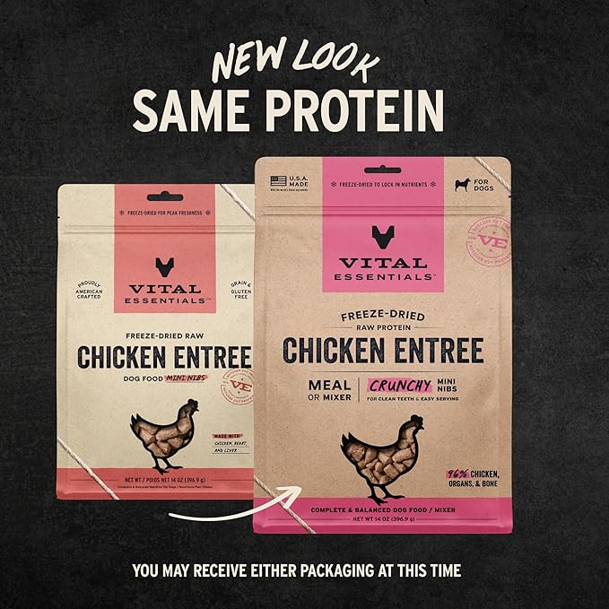 Vital Essentials Freeze Dried Dog Food, Raw Chicken Crunchy Mini Nibs | Complete Meal or Topper | 96% Chicken, Organs & Bone | Limited Ingredient, High Protein, Grain Free Dry Dog Food | 14 oz Bag