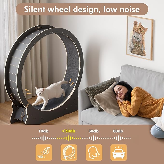Cat Exercise Wheel, 46'' Cat Wheel for Indoor Cats with Carpeted Runway, XL Treadmill with Removable Carpet and Teaser, for Running Walking Training (Black)