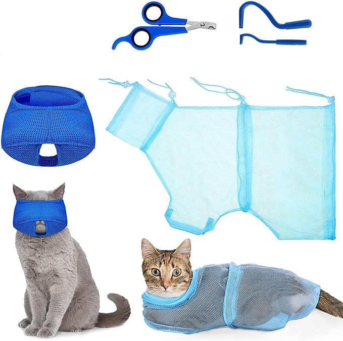 Cat Bathing Bag - 5 Pieces Cat Bathing Bag Anti Scratch and Bite | Pet Cleaning and Grooming Set | Grooming Pet Claw Care with Nail Clipper Trimmer Cleaning Supplies for Indoor & Kitten