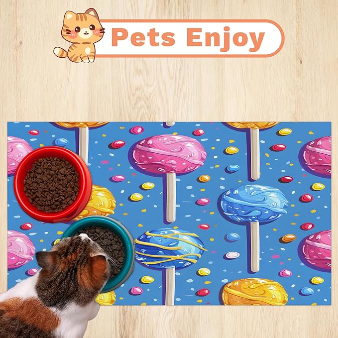 Candy Dog Food Mat for Floors Absorbent Dog Bowl Mat for Food and Water Dispenser Quick Dry Cat Food Placemat Pet Supplies 12" x 20", Sweet Theme