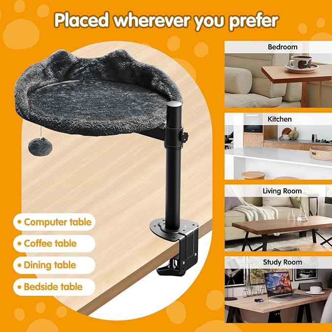 Cat Desk Bed with Adjustable Steel Frame - Faux Fur Fabric Elevated Bed for Indoor - Multi-Functional Pet Cats Mount,Furniture,Perch,Shelf,Raised,Stand-Supports up to 40lbs