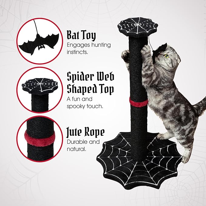Gothic Cat Scratching Post with Spider Web Floor Foundation and Bat Toys, Halloween Cat Scratcher, Cat Scratchers for Indoor Cats, Black cat Scratcher, Spooky Cat Accessories from Littlesy