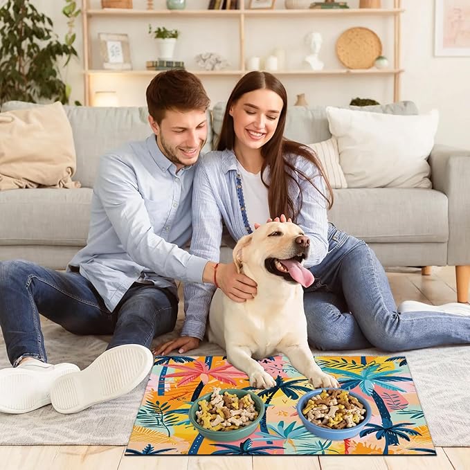Palm Tree Dog Food Mat for Floors Absorbent, Quick Dry Water Dispenser Mat for Food, Water, Pet Supplies 17" x 30", Tropical Plant