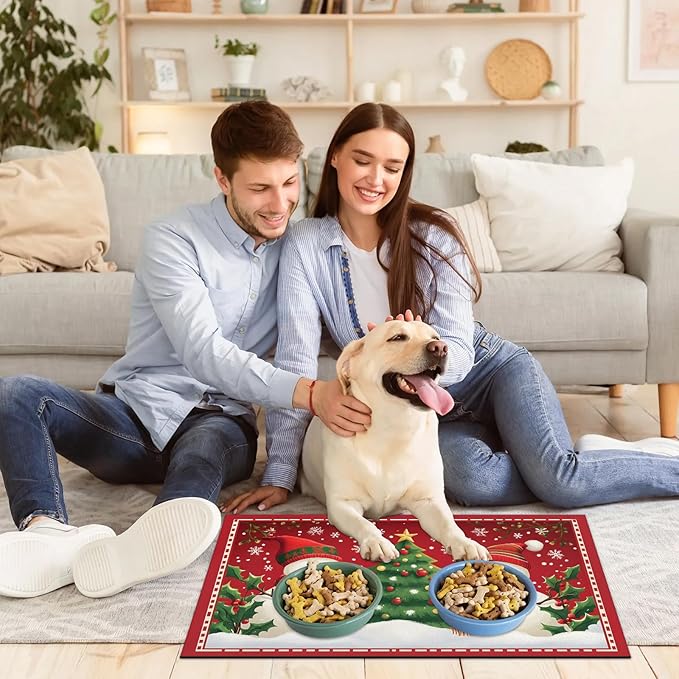 Christmas Snowman Dog Food Mat for Floors Absorbent, Quick Dry Water Dispenser Mat for Food, Water, Pet Supplies 12" x 20", Xmas Tree