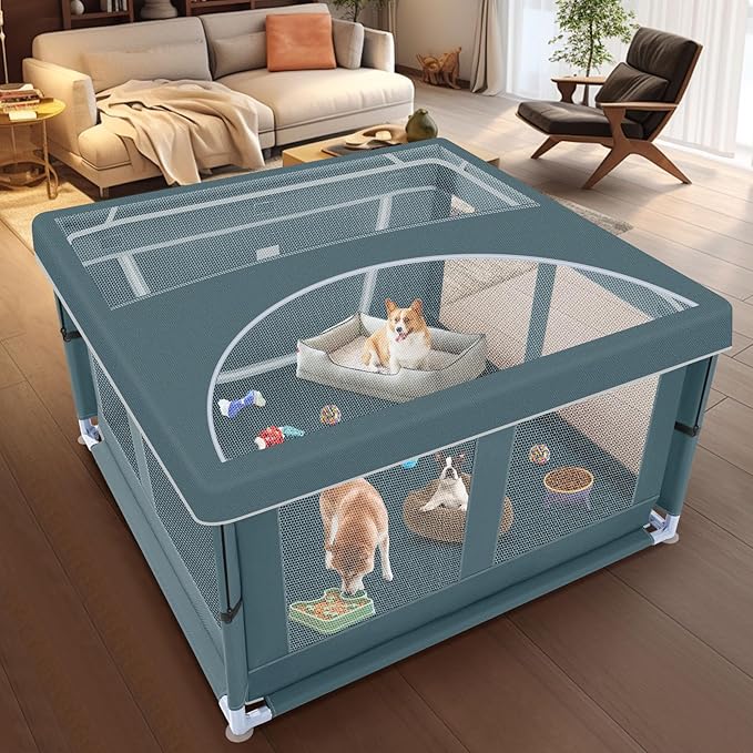 42x42 Inch Puppy Playpen with Cover, Dog Playpen for Puppies or Small Dogs, Pet Playpen for Indoor & Outdoor, Sturdy DogPen with Thickened Fabric, High-Strength Nylon Wire Mesh, Bluish Green