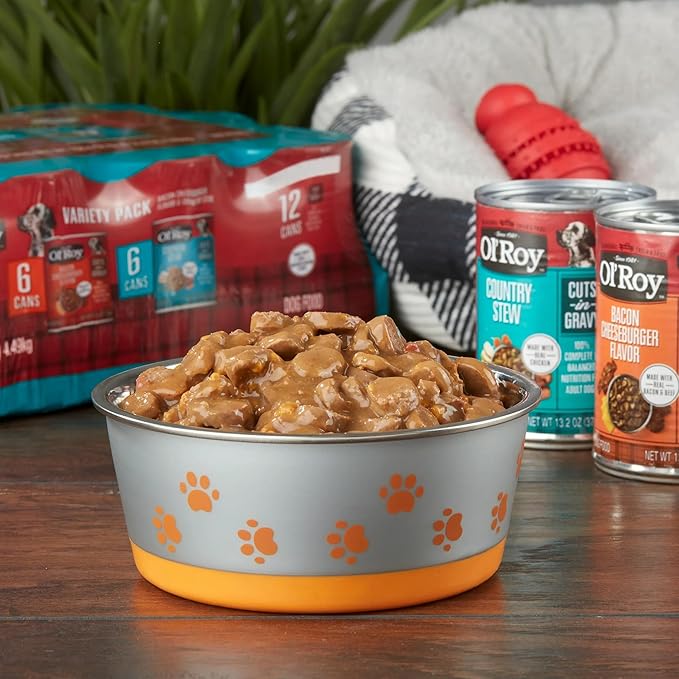 Ol's Roys Wet Dog Food Variety Pack, Bacon Cheeseburger Flavor & Country Stew Cuts in Gravy, 13.2 oz Cans, 12 Cans, Savory Beef, Chicken, Real Meat, Rich Gravy, Complete Nutrition