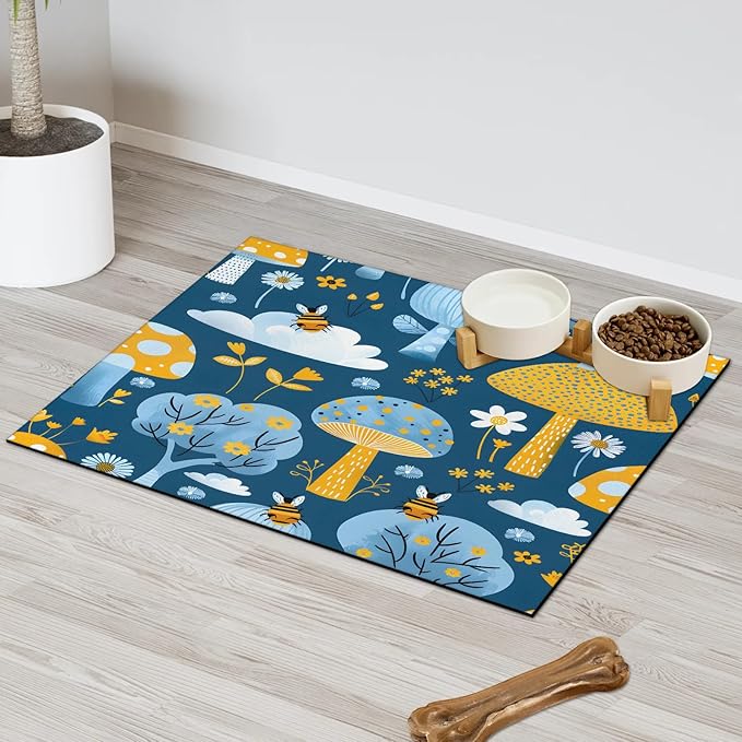 Tree Dog Food Mat for Floors Absorbent, Quick Dry Water Dispenser Mat for Food, Water, Pet Supplies 12" x 20", Flower