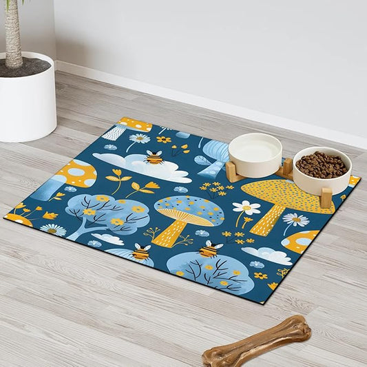 Tree Dog Food Mat for Floors Absorbent, Quick Dry Water Dispenser Mat for Food, Water, Pet Supplies 17" x 30", Flower