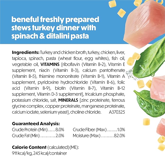 Purina Beneful Freshly Prepared Stews Turkey Dinner with Spinach and Ditalini Pasta Wet Dog Food in Dog Food Gravy - 9.5 oz Carton (Pack of 6)