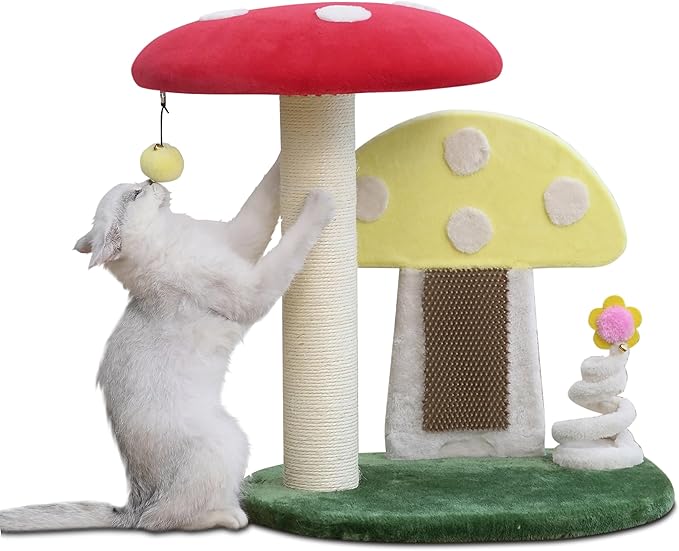 PetPals Mushroom Cat Perch Tree with Replaceable Nature Sisal Scratching Post, Multi-Functional Mushroom Cat Tower with Self Grooming Brush and Spring Toy, for Indoor Kittens, 20“High, Multi-Color