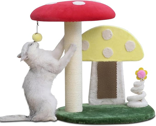 PetPals Mushroom Cat Perch Tree with Replaceable Nature Sisal Scratching Post, Multi-Functional Mushroom Cat Tower with Self Grooming Brush and Spring Toy, for Indoor Kittens, 20“High, Multi-Color
