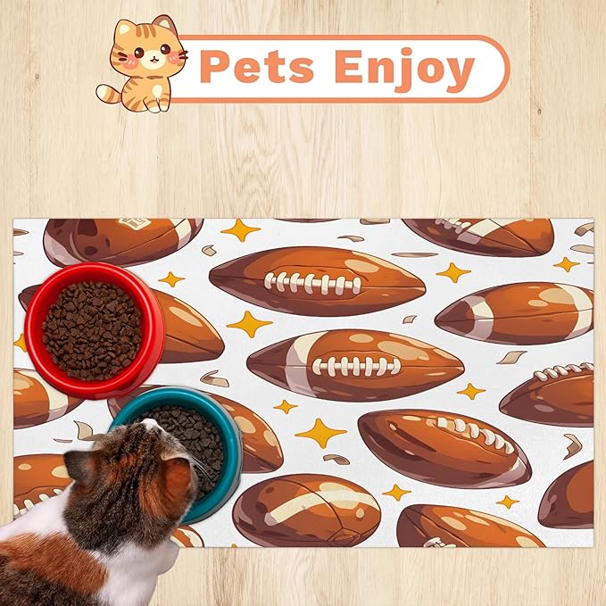 Rugby Dog Food Mat for Floors Absorbent, Quick Dry Water Dispenser Mat for Food, Water, Pet Supplies 17" x 30", Football