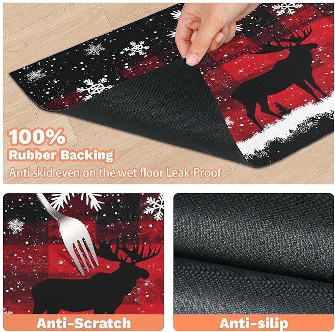 Xmas Deer Dog Food Mat for Floors Absorbent, Quick Dry Water Dispenser Mat for Food, Water, Pet Supplies 17" x 30", Christmas Snowflake