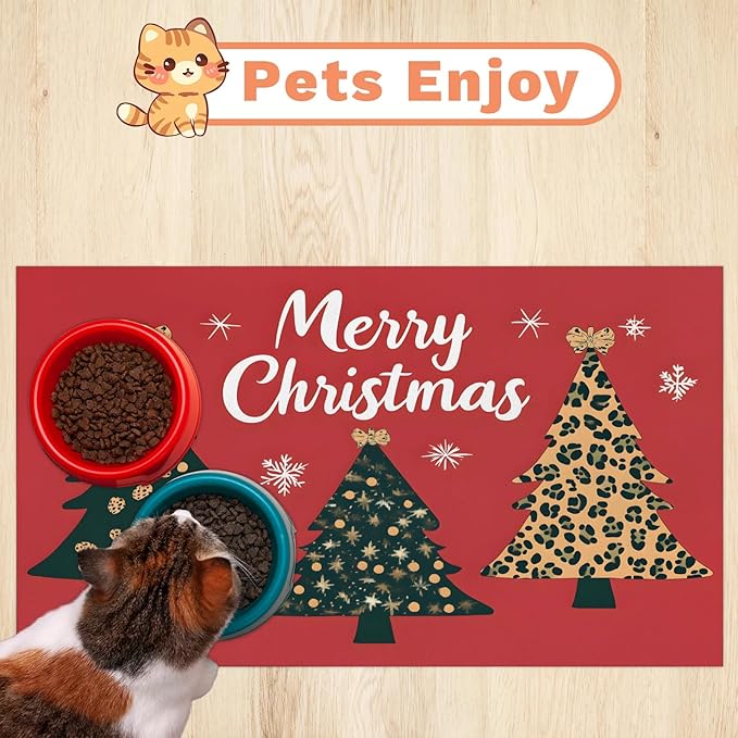 Merry Christmas Dog Food Mat for Floors Absorbent, Quick Dry Water Dispenser Mat for Food, Water, Pet Supplies 12" x 20", Xmas Tree