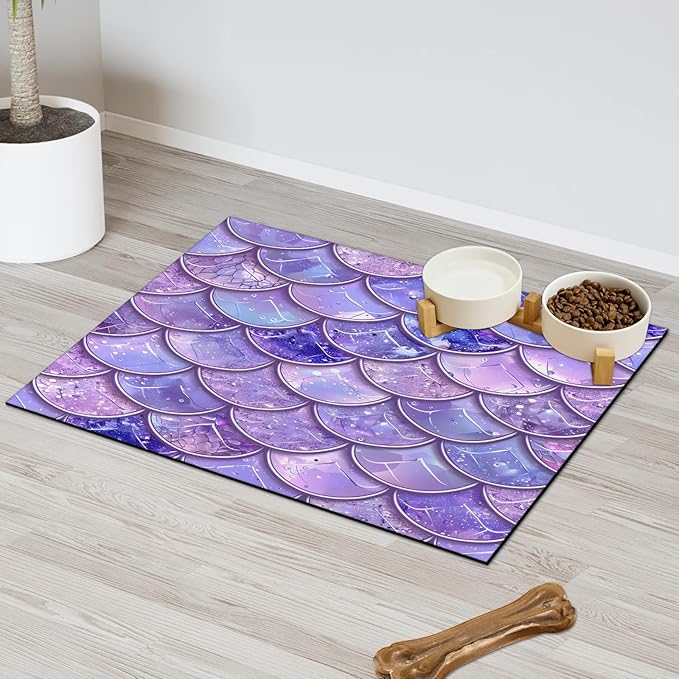 Mermaid Scales Dog Food Mat for Floors Absorbent Dog Bowl Mat for Food and Water Dispenser Quick Dry Cat Food Placemat Pet Supplies 17" x 30", Ocean Beach